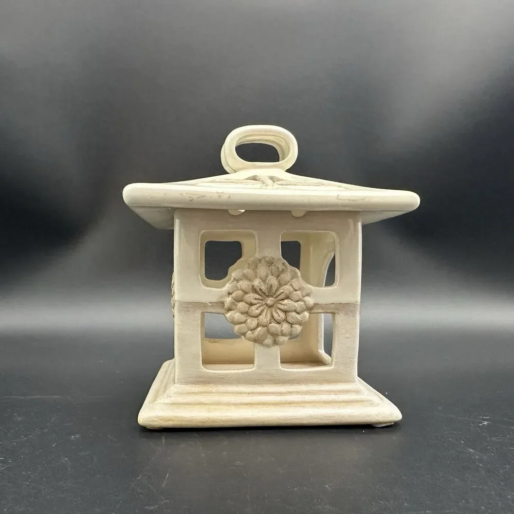 VTG Yankee Candle Stoneware Pagoda Tea Light Holder Dragonfly Ceramic Lantern 4”